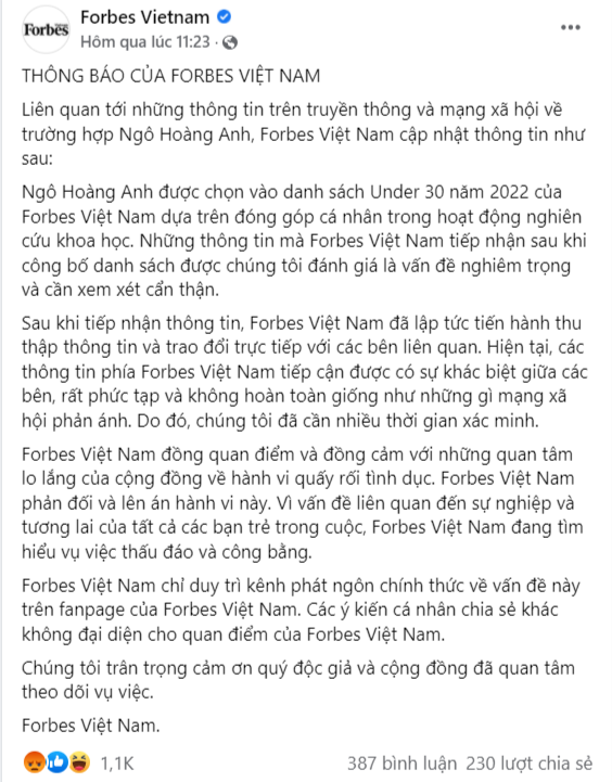 Trang fanpage chính thức của Forbes Việt Nam lên tiếng về sự việc lần này.