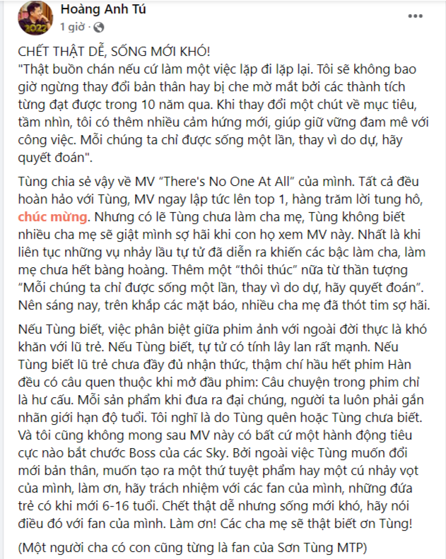 Nhà văn Hoàng Anh Tú chia sẻ góc nhìn với tư cách một người cha có con từng là fan Sơn Tùng M-TP. Ảnh: FBNV Nhà văn Hoàng Anh Tú chia sẻ góc nhìn với tư cách một người cha có con từng là fan Sơn Tùng M-TP. Ảnh: FBNV