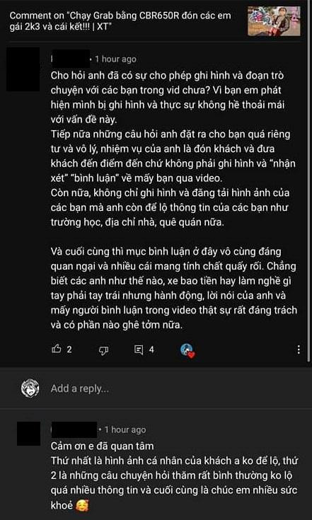 Nhiều comment đã thể hiện thái độ bức xúc về hành vi &quot;kém duyên&quot; của T. nhưng chỉ nhận được câu trả lời &quot;vô thưởng vô phạt&quot; của tài xế này. Ảnh chụp màn hình.
