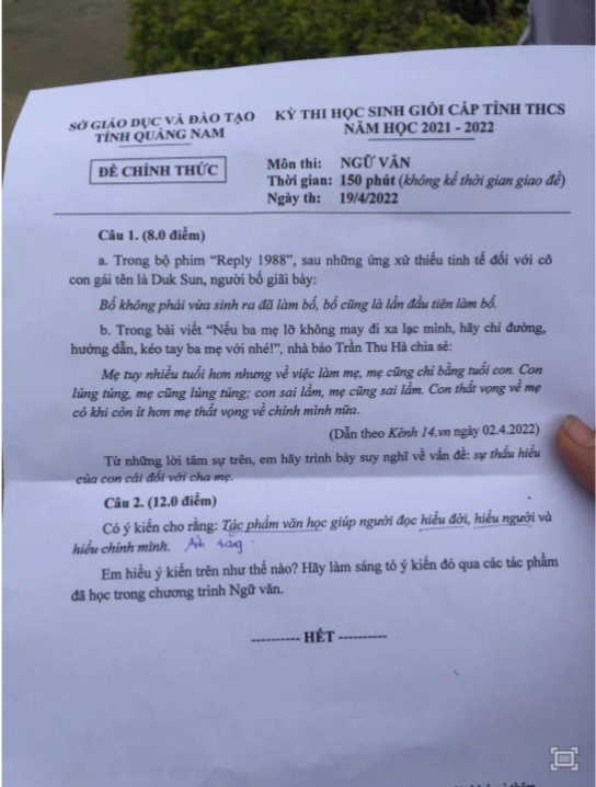 Đề thi &quot;hot&quot; nhất những ngày vừa qua. Ảnh: Trường Người Ta.