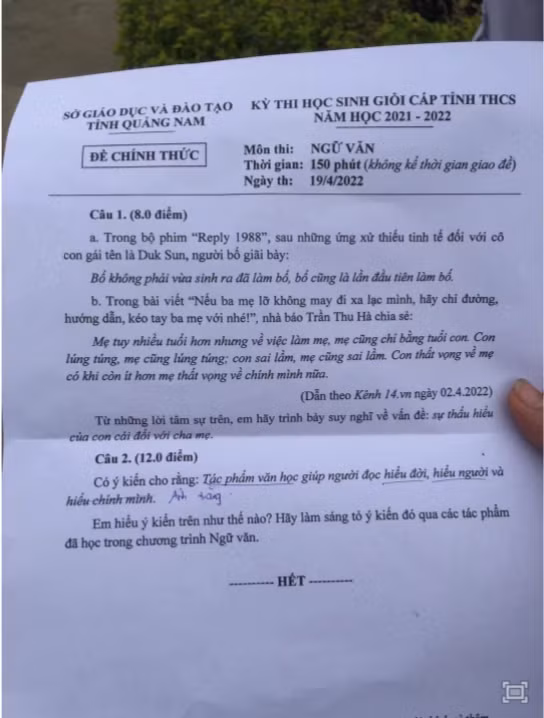 Đề thi "hot" nhất mạng xã hội vừa qua. Ảnh: Trường Người Ta.