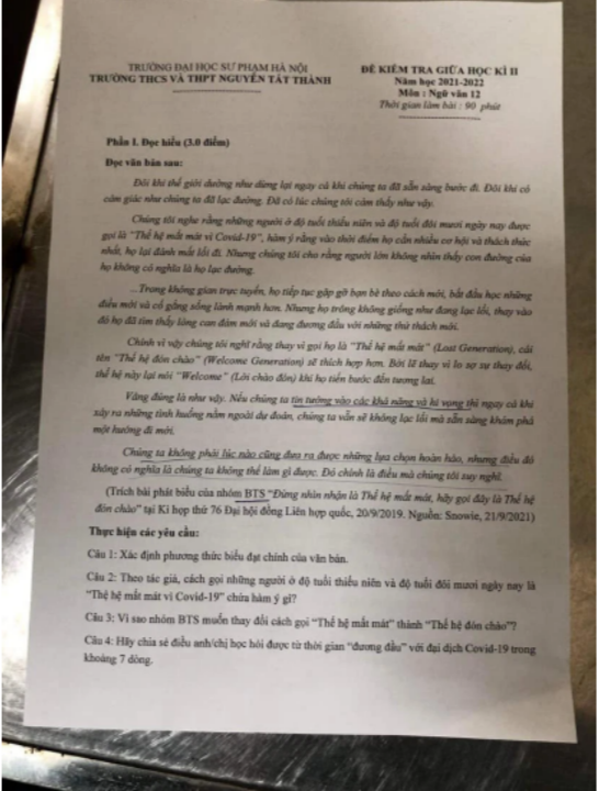 Bài phát biểu của BTS đã được trích vào đề thi giữa kỳ của trường THPT Nguyễn Tất Thành. Bài phát biểu của BTS đã được trích vào đề thi giữa kỳ của trường THPT Nguyễn Tất Thành.