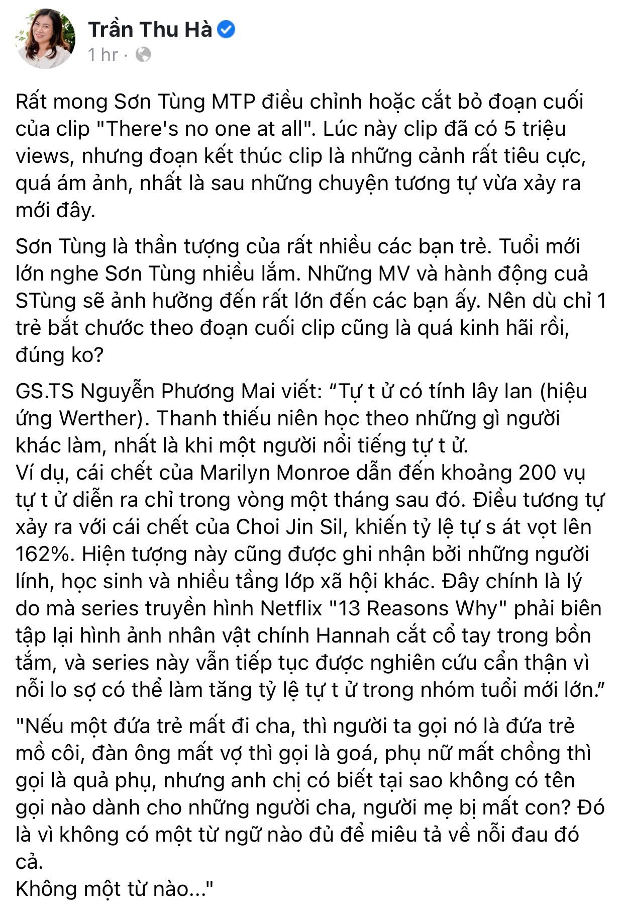 Là một người mẹ, nhà báo Thu Hà hy vọng Sơn Tùng có thể điều chỉnh hình ảnh ở cuối MV. Ảnh: FBNV Là một người mẹ, nhà báo Thu Hà hy vọng Sơn Tùng có thể điều chỉnh hình ảnh ở cuối MV. Ảnh: FBNV