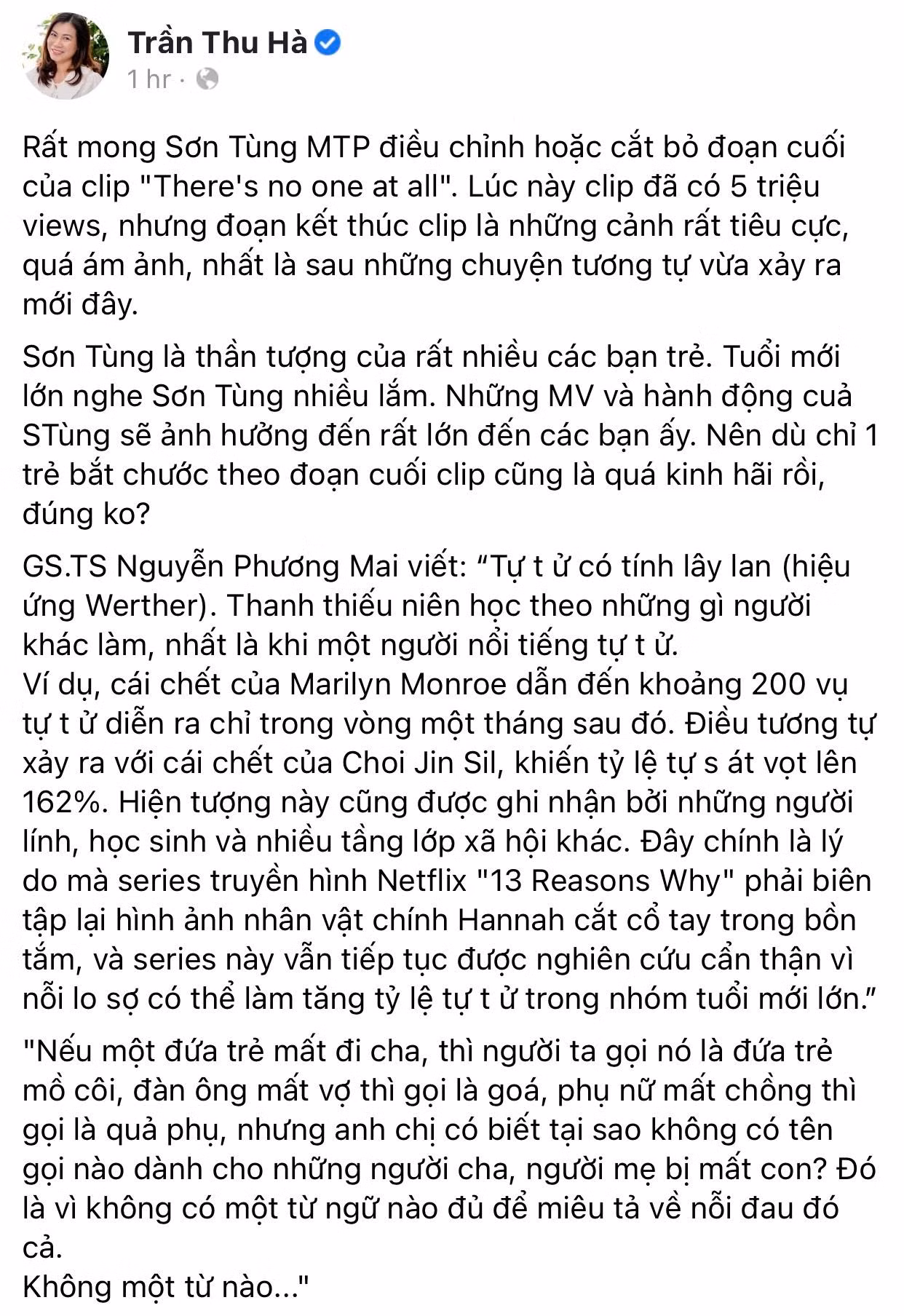 Là một người mẹ, nhà báo Thu Hà hy vọng Sơn Tùng có thể điều chỉnh hình ảnh ở cuối MV. Ảnh: FBNV