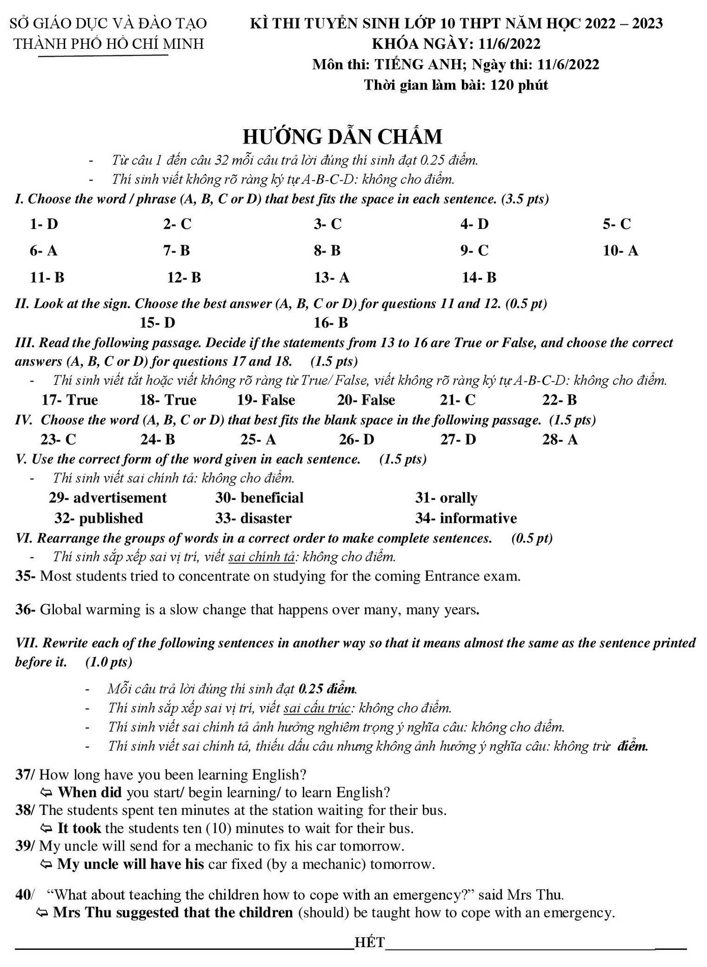 Đáp án môn thi Ngoại ngữ kỳ thi Tuyển sinh vào lớp 10 tại TP.HCM.