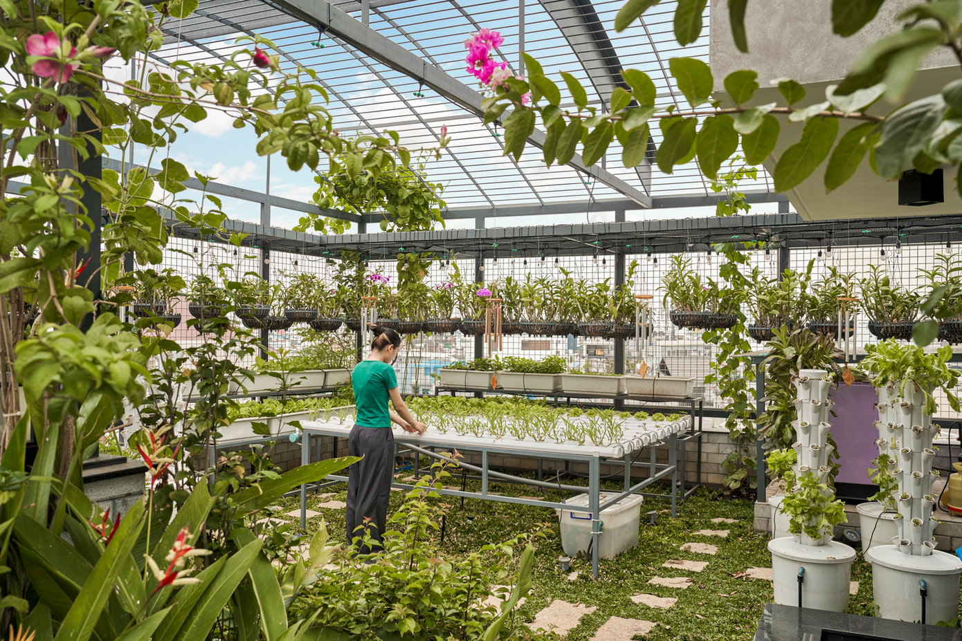 Để tạo không gian yên bình hơn, kết nối với thiên nhiên đồng thời giảm bức xạ nhiệt cho mái nhà, kiến trúc sư đã tư vấn cho gia chủ thiết lập một khu vườn nhiệt đới và trồng rau trên sân thượng. Để tạo không gian yên bình hơn, kết nối với thiên nhiên đồng thời giảm bức xạ nhiệt cho mái nhà, kiến trúc sư đã tư vấn cho gia chủ thiết lập một khu vườn nhiệt đới và trồng rau trên sân thượng.