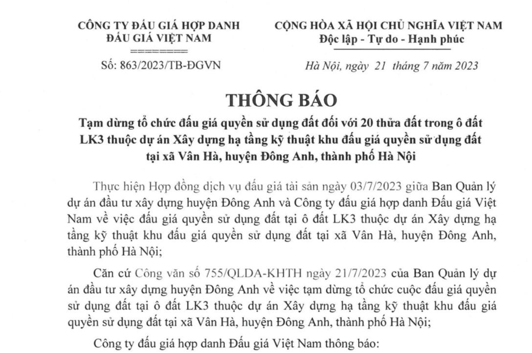 Liên tiếp dừng 2 cuộc đấu giá thuộc dự án Xây dựng hạ tầng kỹ thuật khu đấu giá quyền sử dụng đất tại xã Vân Hà, huyện Đông Anh trong cùng một ngày. Liên tiếp dừng 2 cuộc đấu giá thuộc dự án Xây dựng hạ tầng kỹ thuật khu đấu giá quyền sử dụng đất tại xã Vân Hà, huyện Đông Anh trong cùng một ngày.
