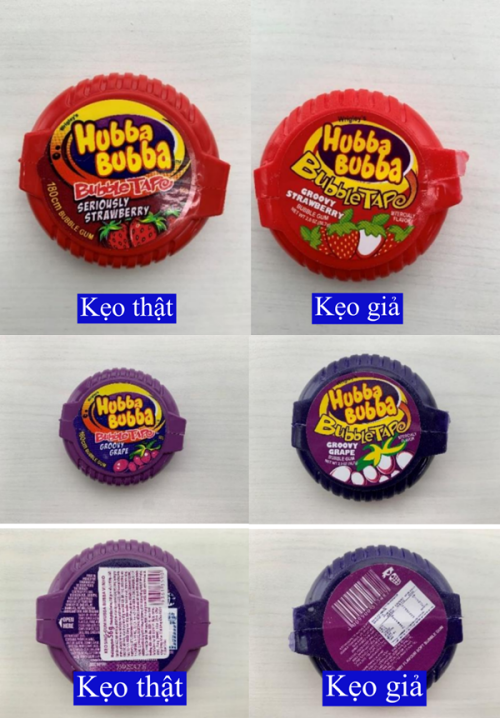Kẹo vị dâu tây Seriously Strawberry có bao bì sẫm màu hơn so với kẹo giả, nhái, trong khi kẹo vị nho Groovy Grape thật có màu tím sáng hơn, trong hơn