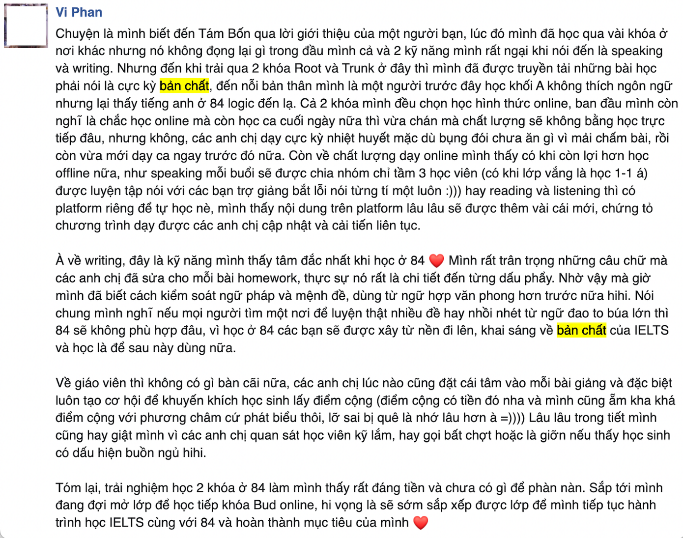 Chia sẻ của bạn Vi Phan về học bản chất tại IELTS 1984