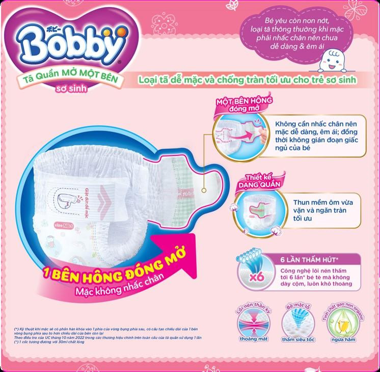 Khả năng thấm hút và ngăn tràn ấn tượng của Tã Quần Mở Một Bên Bobby giúp bé yêu luôn khô thoáng, đánh bay cảm giác ẩm ướt khó chịu