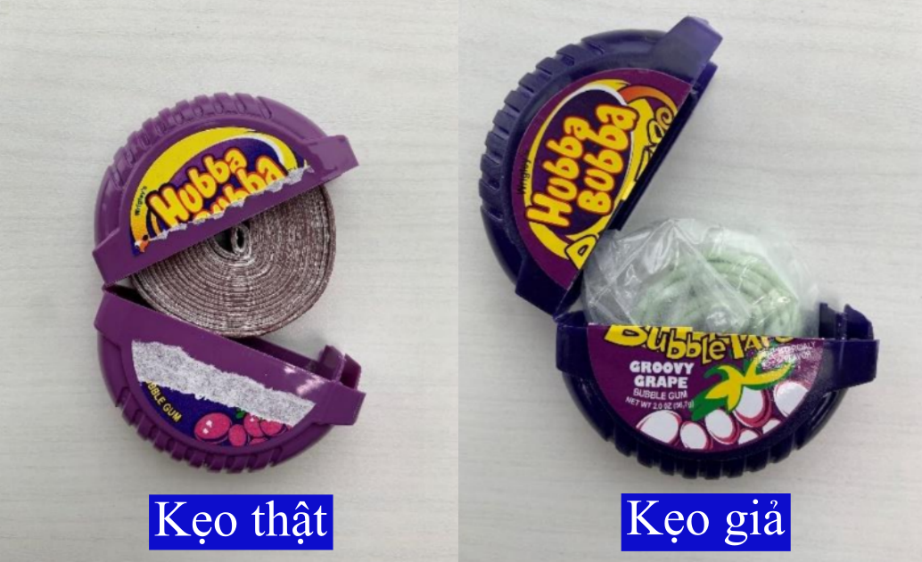 Độ dài cuộn kẹo chính hãng Hubba Bubba là 180cm và không có lớp bọc nhựa bên ngoài, trong khi cuộn kẹo bị làm nhái chỉ khoảng 40cm và có bọc nhựa, không an toàn đối với người dùng