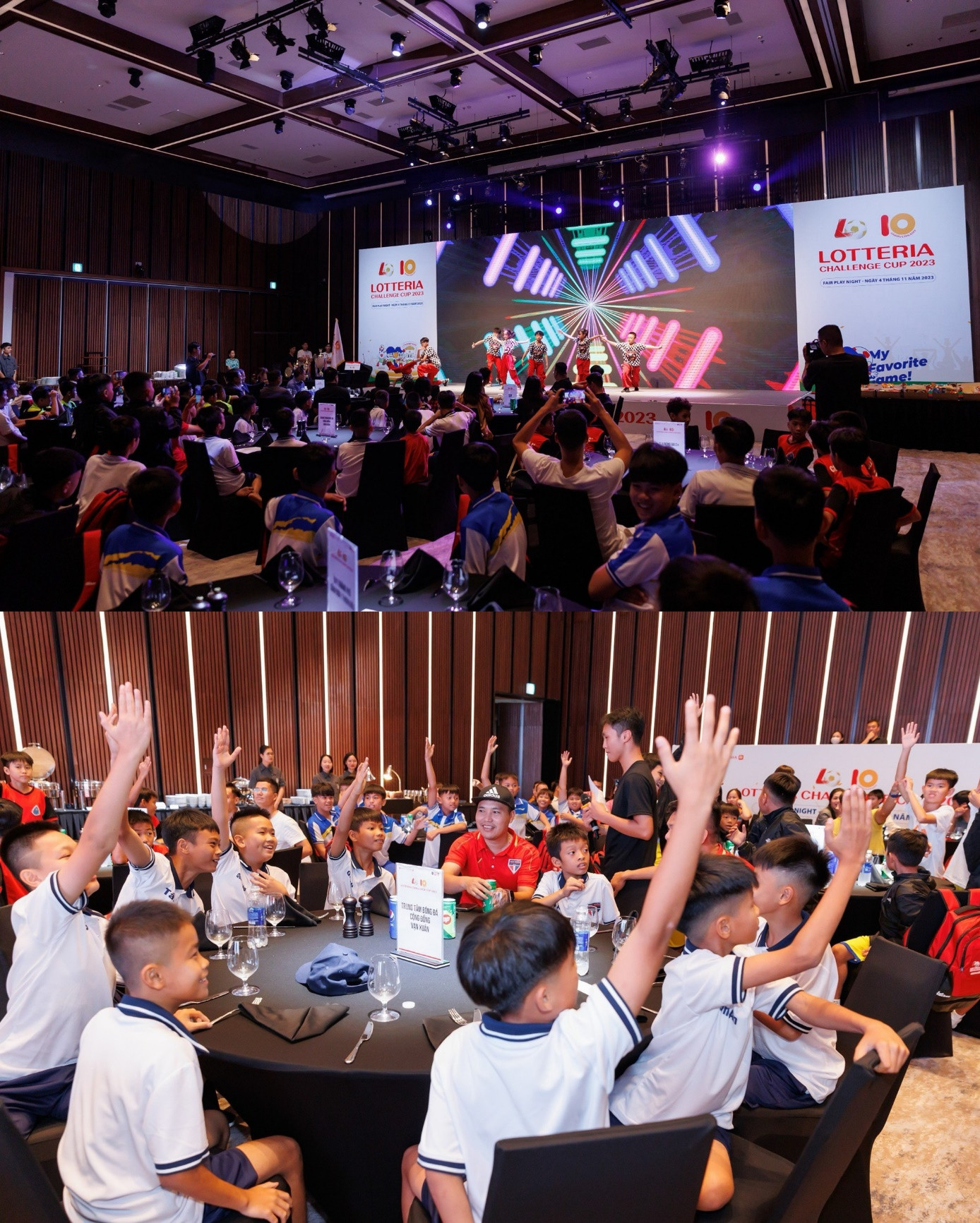 Các cầu thủ nhí tích cực hưởng ứng tinh thần chính trực trong thể thao của Lotteria Challenge Cup trong đêm hội Fairplay. Các cầu thủ nhí tích cực hưởng ứng tinh thần chính trực trong thể thao của Lotteria Challenge Cup trong đêm hội Fairplay.