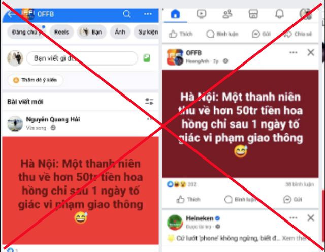 Nhiều trang chia sẻ thông tin "Hà Nội: Một thanh niên thu về 50 triệu đồng chỉ sau 1 ngày tố giác vi phạm giao thông". Ảnh: chụp màn hình