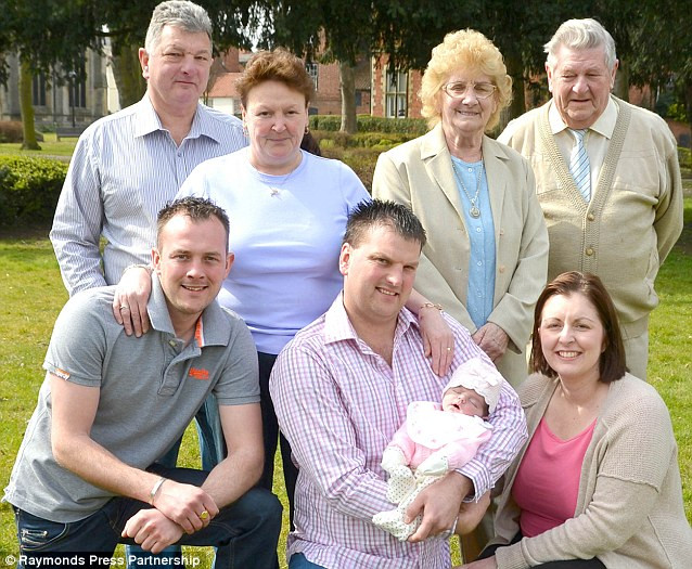 Bé Rubi Victoria Porter cùng 3 thế hệ sinh con trai trong dòng họ. Bên trái là ông bà nội bé, bên phải là cụ nội, phía trước là người chú và cha mẹ bé 