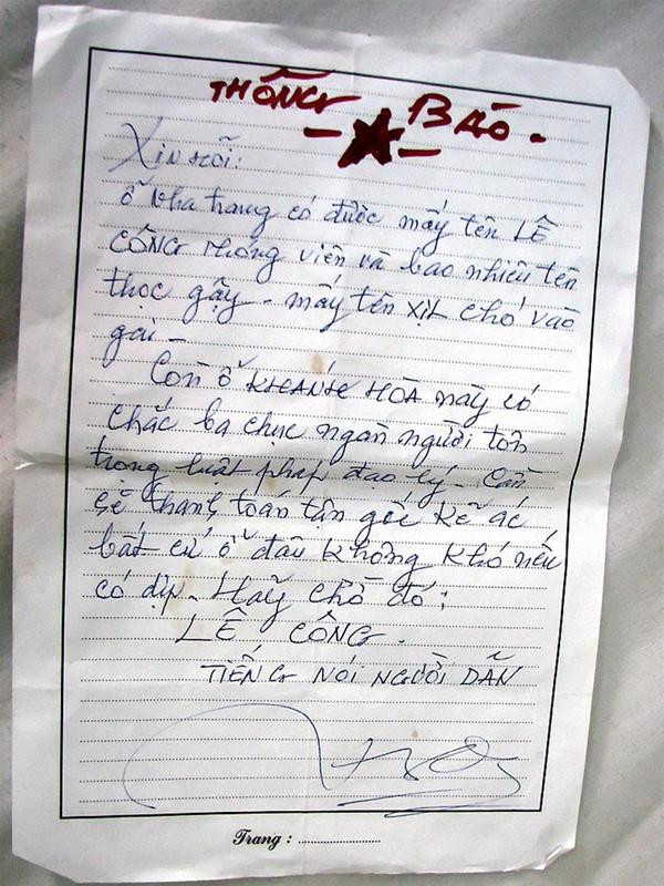 Một lá thư đe doạ nhà báo Nguyễn Xuân Đương. Ảnh : NĐQ