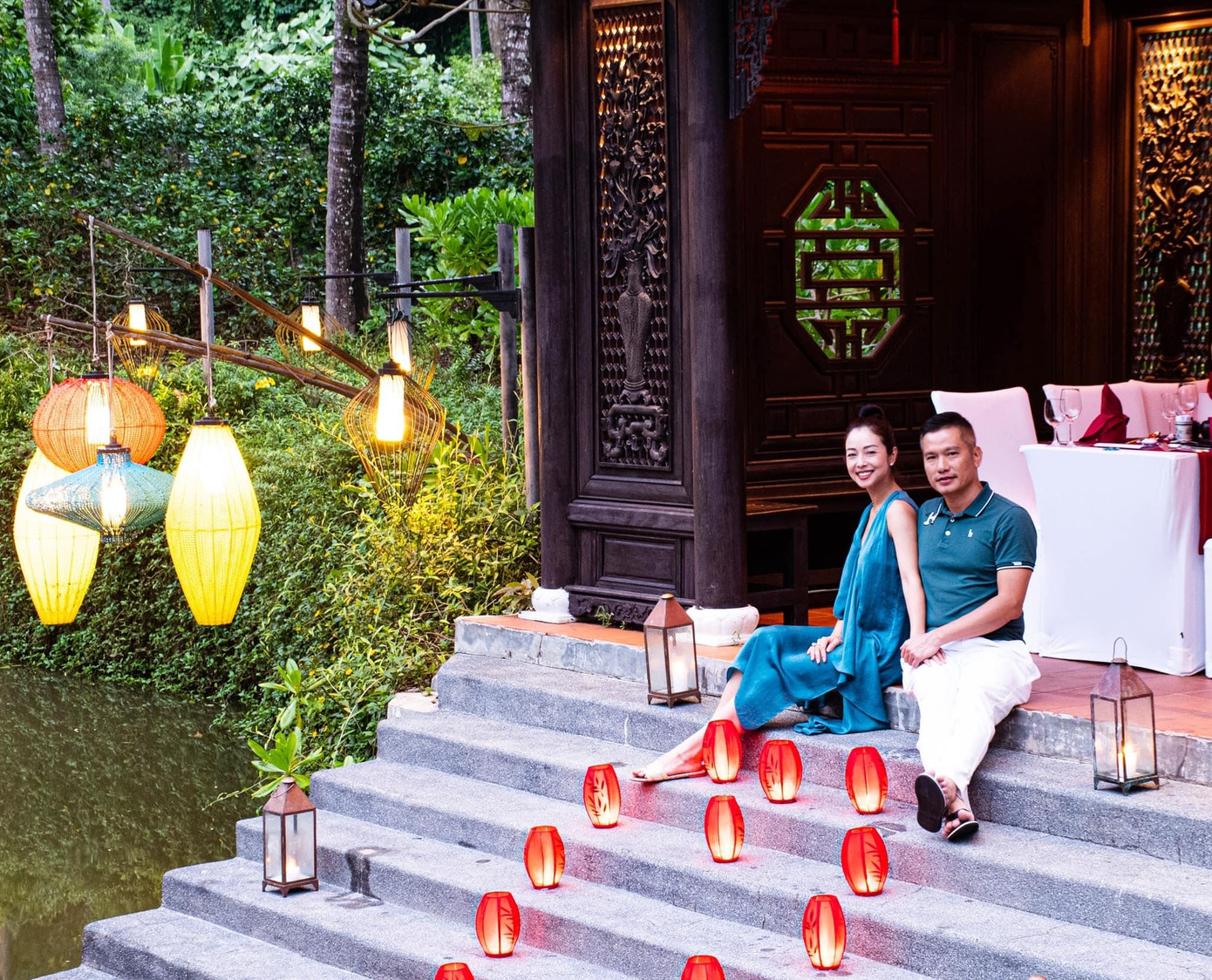 Vợ chồng Hoa hậu Jennifer Phạm tận hưởng không gian lãng mạn ở Huế.