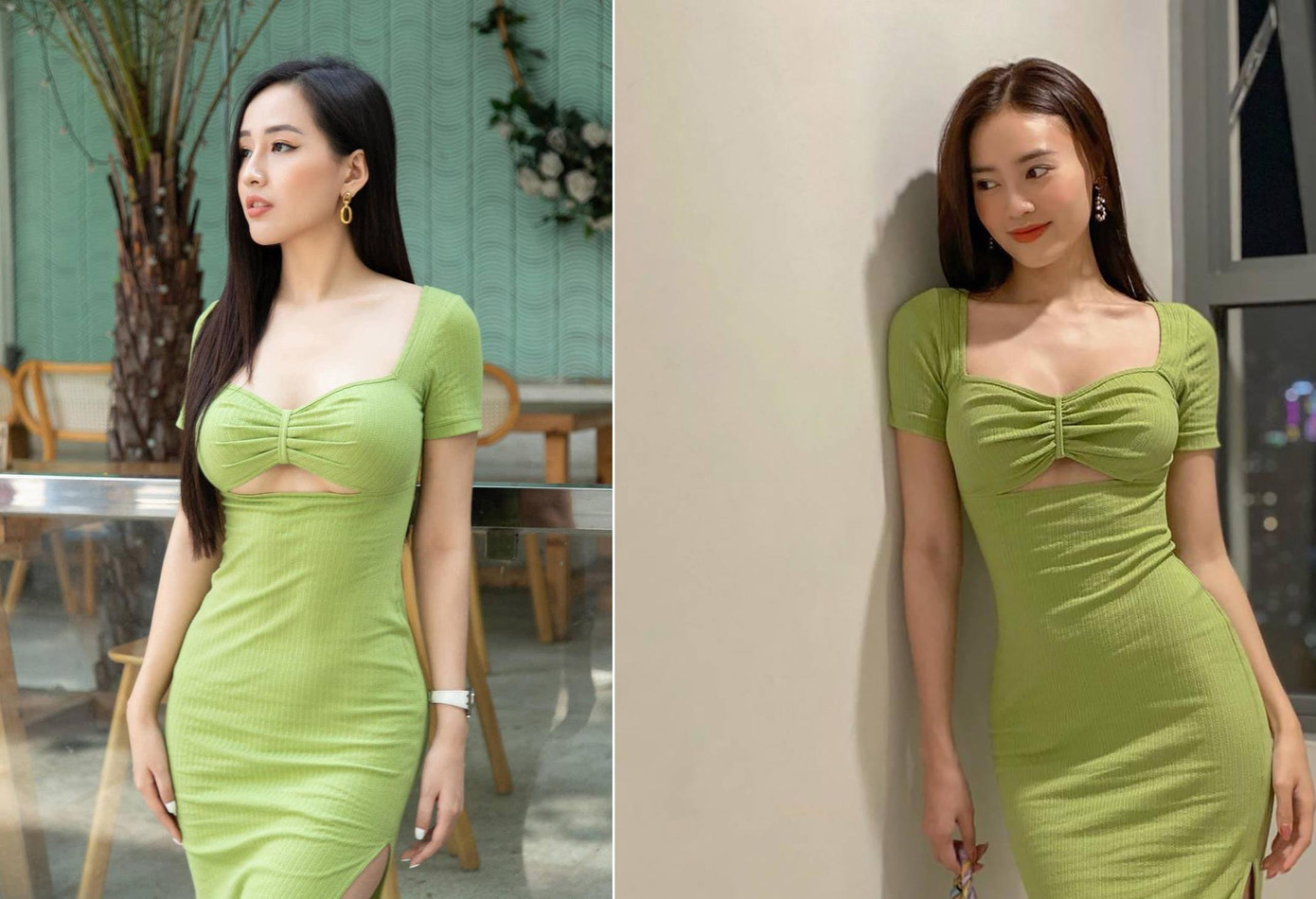 Với tần suất 'đụng hàng' dày đặc, Mai Phương Thuý tiếp tục 'đụng độ' Lan Ngọc khi diện chung một thiết kế váy bó sát tông màu xanh neon nổi bật.