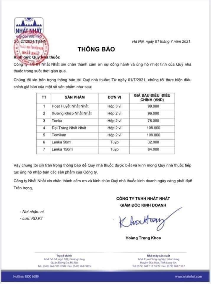 Dược phẩm Nhất Nhất thông báo điều chỉnh giá Hoạt huyết Nhất Nhất