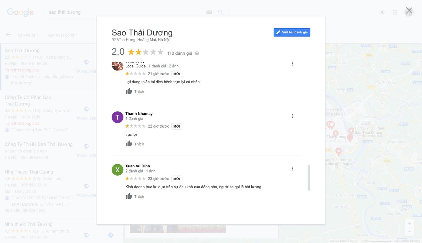 Người tiêu dùng liên tục đánh giá 1 sao (mức thấp nhất trên Google) và đặt nghi vấn Sao Thái Dương trục lợi từ dịch bệnh