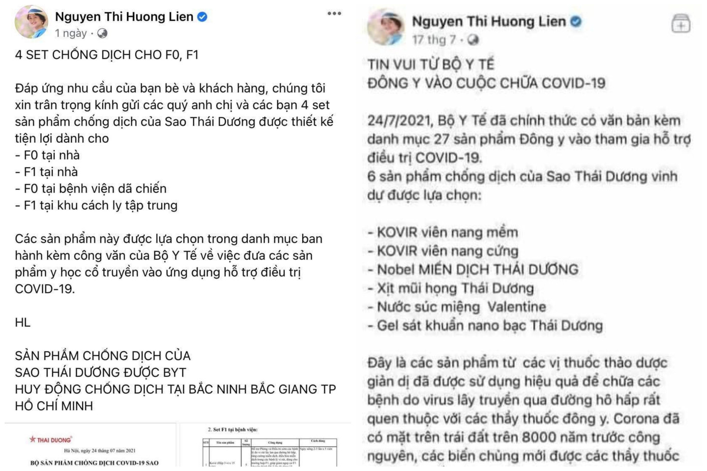 Thông báo các gói sản phẩm chống dịch từ tài khoản tick xanh mang hình ảnh Phó TGĐ Sao Thái Dương