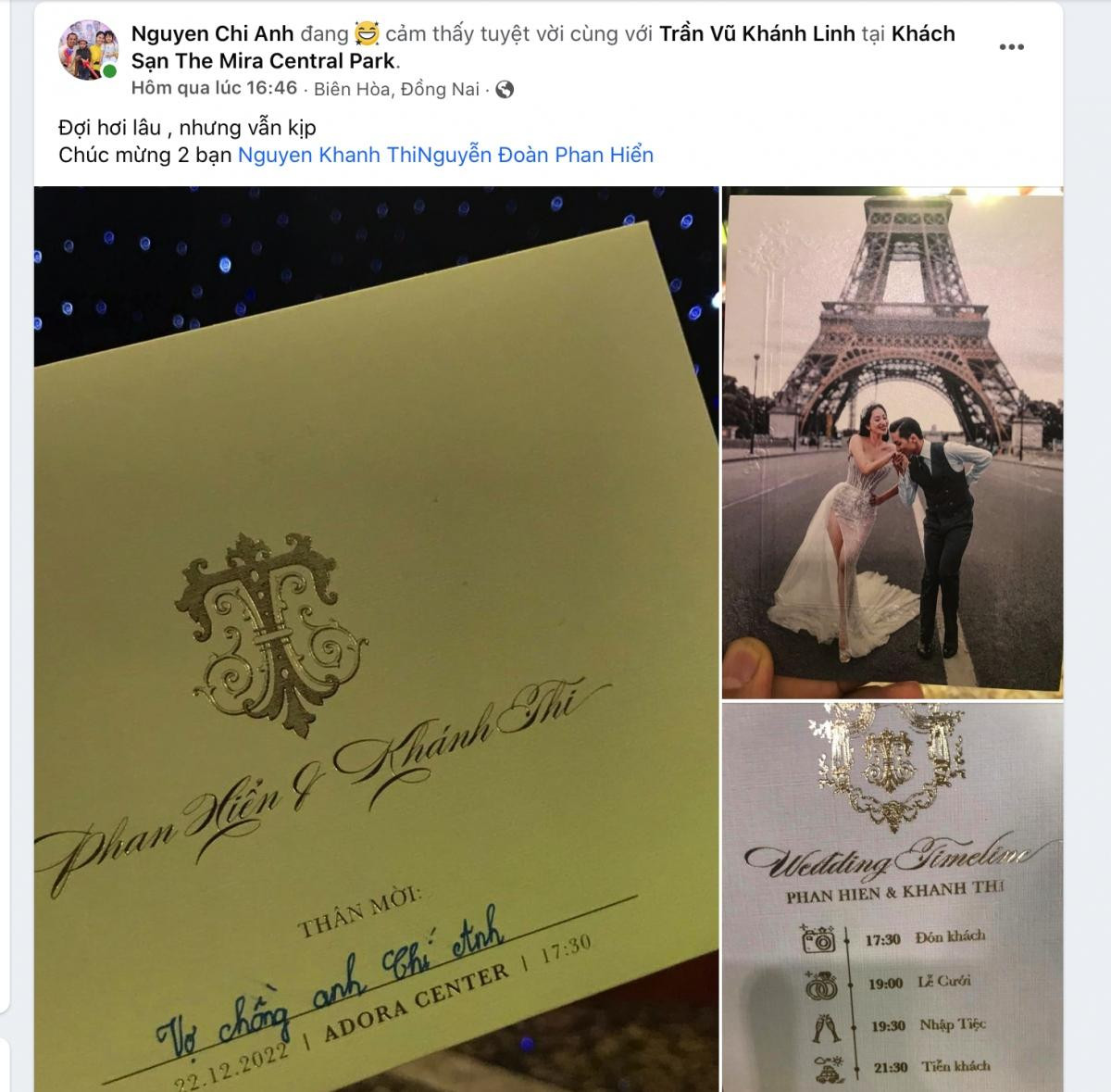 Kiện tướng Chí Anh cùng nhiều đồng nghiệp khoe nhận được thiệp cưới của Khánh Thi - Phan Hiển. Ảnh: FBNV. Kiện tướng Chí Anh cùng nhiều đồng nghiệp khoe nhận được thiệp cưới của Khánh Thi - Phan Hiển. Ảnh: FBNV.
