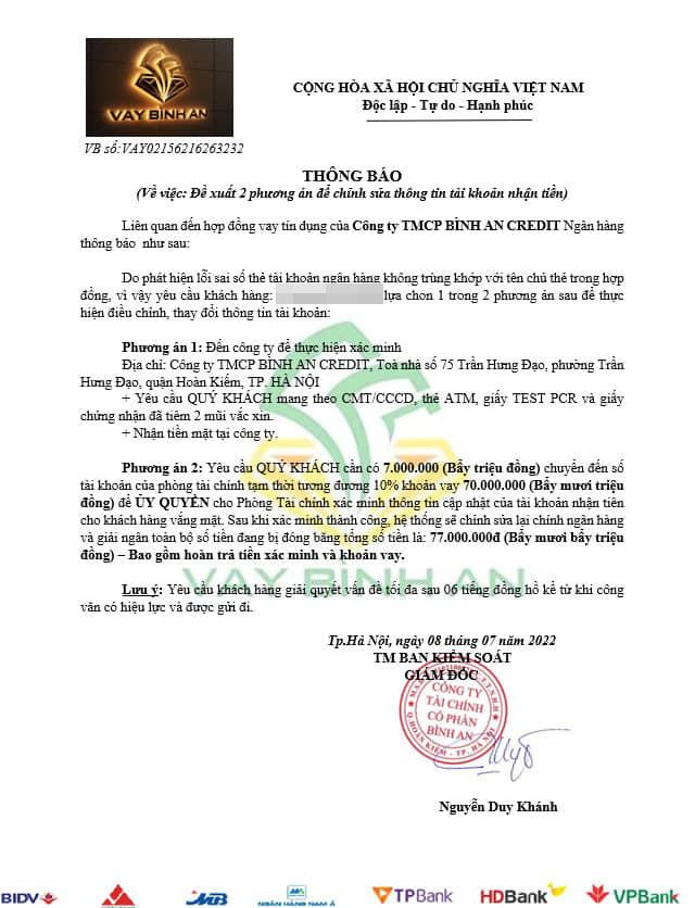 Giấy thông báo giả mà đối tượng Nam Trung gửi cho nạn nhân. Giấy thông báo giả mà đối tượng Nam Trung gửi cho nạn nhân.