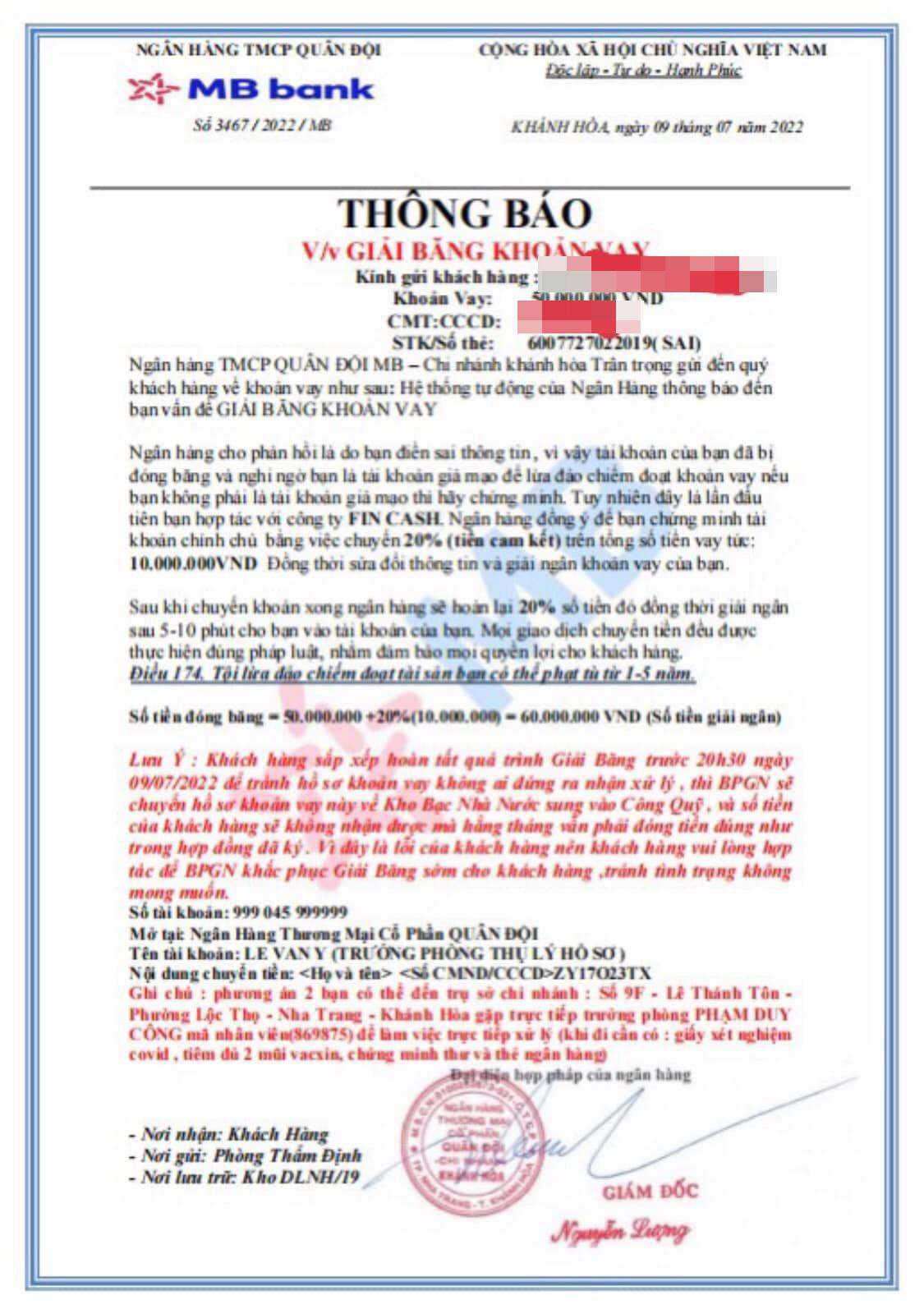 Hàng loạt thông báo giả có tên "giải băng khoản vay" nhiều nạn nhân nhận được. Hàng loạt thông báo giả có tên "giải băng khoản vay" nhiều nạn nhân nhận được.