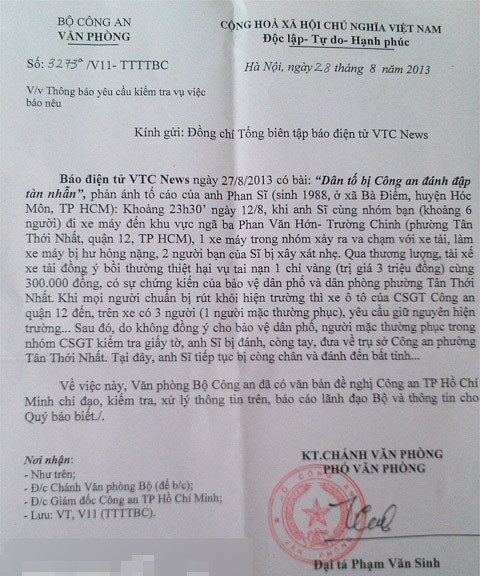 Công văn Văn phòng Bộ Công an đề nghị BGĐ CATPHCM làm rõ vụ việc, đồng thời thông báo đến Báo điện tử VTC News được biết