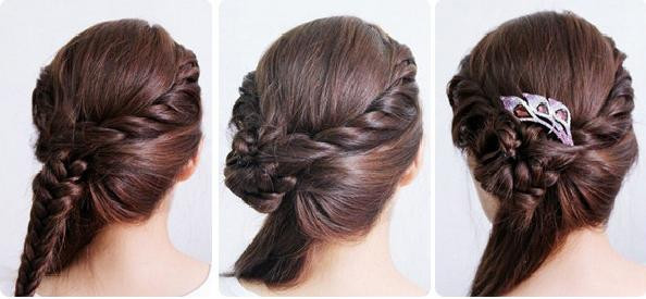 Lấy hai lọn tóc ở bên phải xoắn vào nhau theo hình vòng cung, được một nửa thì dùng kẹp mỏ vịt cố định lại Làm tương tự với phần tóc bên trái. Tháo kẹp mỏ vịt ra và tết hai đuôi tóc lại với nhau. Sau khi tết sau bạn vấn phần đuôi tóc lên chỗ giao nhau của hai lọn tóc và dùng ghim cố định lại. Bạn có thể dùng nơ để che đi phần ghim. Cuối cùng là hất phần tóc thừa sang một bên. Vậy là bạn đã có một kiểu tóc cực nữ tính rồi đấy.