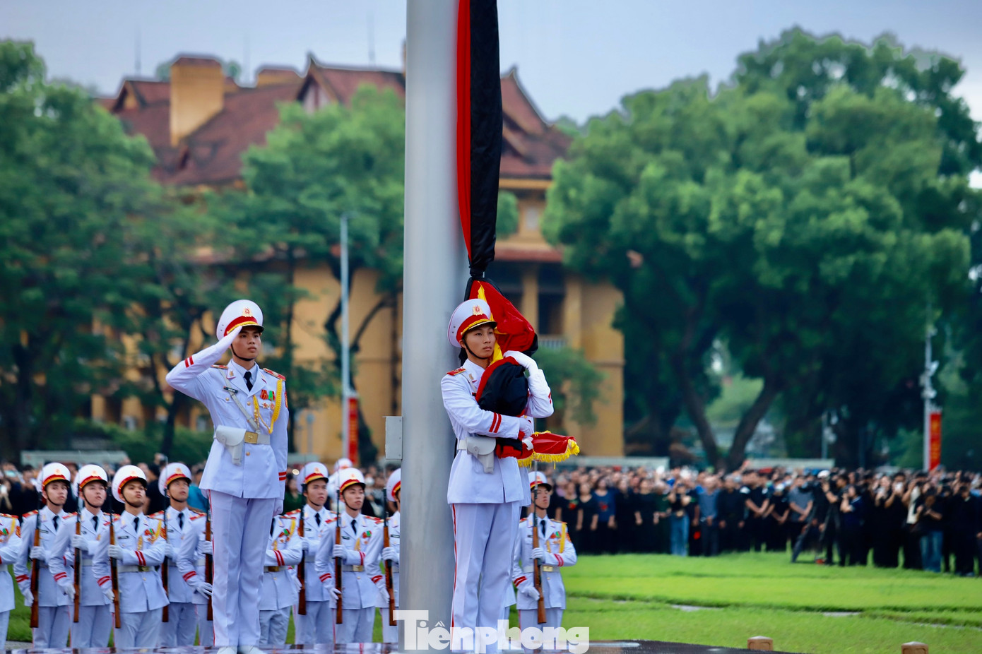 Trong thời gian Quốc tang, các cơ quan, công sở trong phạm vi cả nước và các cơ quan đại diện của Việt Nam ở nước ngoài treo cờ rủ, có dải băng tang (có kích thước bằng 1/10 chiều rộng lá cờ, chiều dài theo chiều dài của lá cờ và chỉ treo cờ đến 2/3 chiều cao của cột cờ, dùng băng vải đen buộc không để cờ bay), không tổ chức các hoạt động vui chơi, giải trí công cộng.