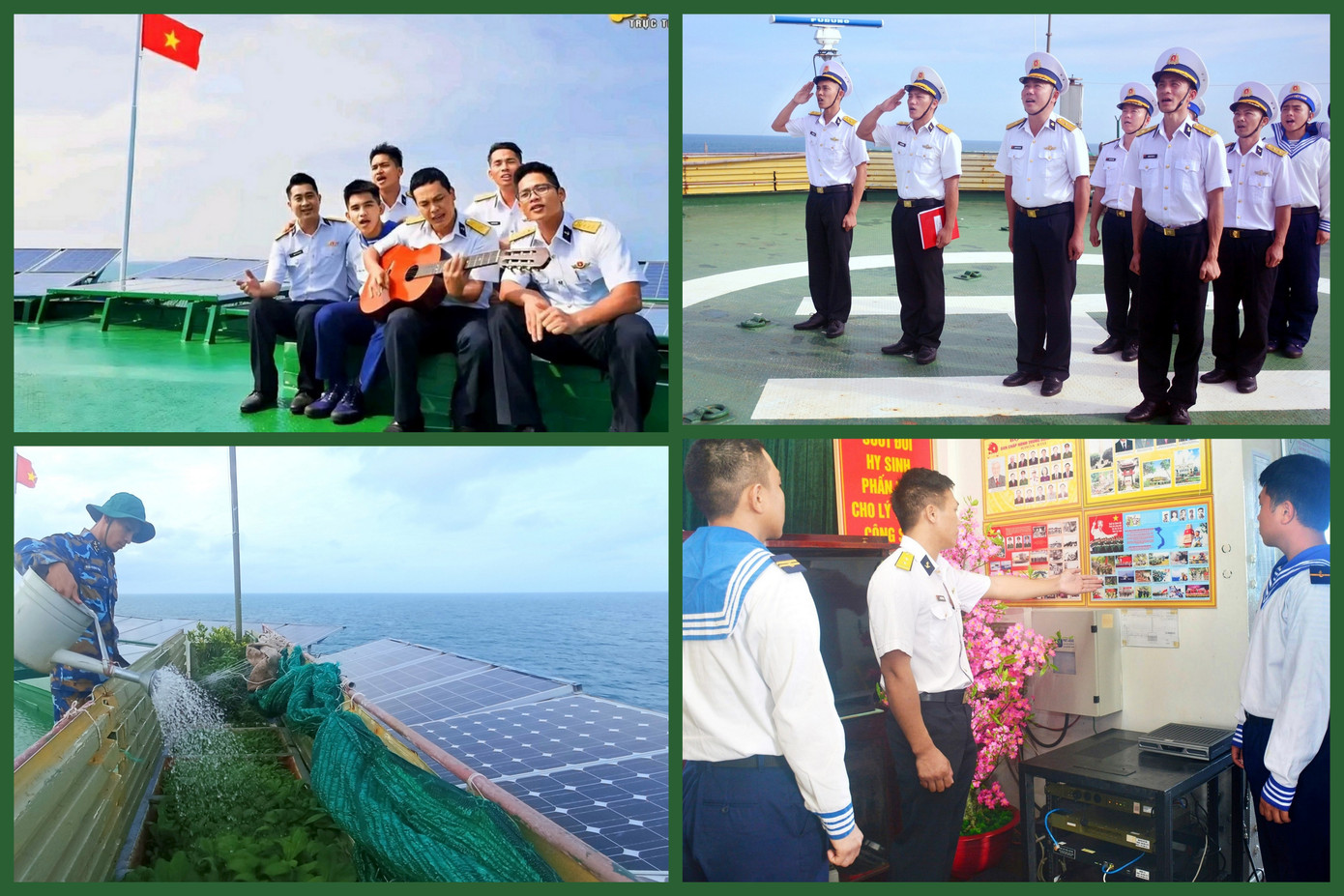 Cán bộ, chiến sĩ các nhà giàn với hoạt động chào cờ, giáo dục truyền thống, văn hóa văn nghệ và tăng gia sản xuất.