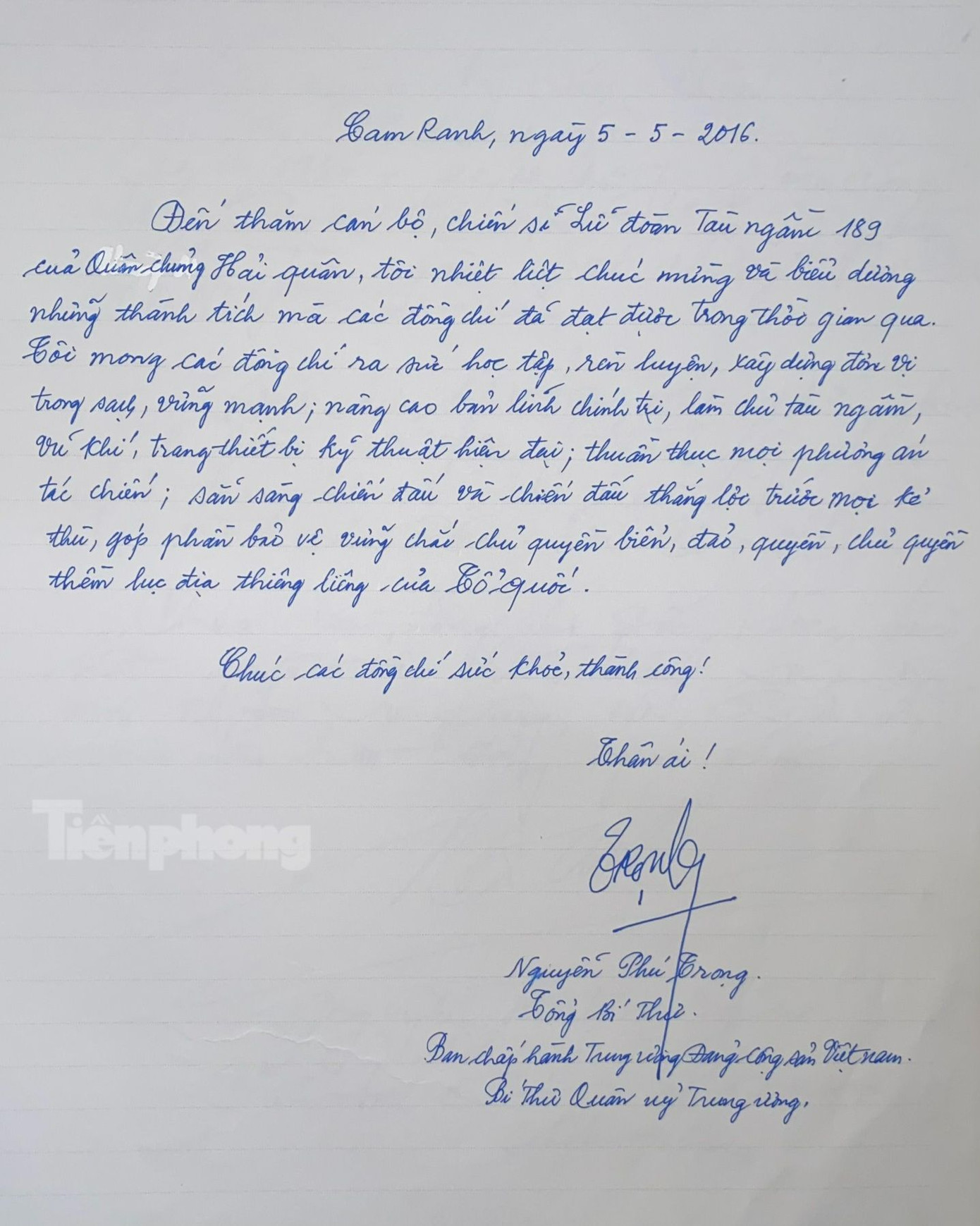 Bút tích những lời căn dặn của Tổng Bí thư, Bí thư Quân ủy Trung ương Nguyễn Phú Trọng đối với cán bộ, chiến sĩ Lữ đoàn Tàu ngầm 189, khi tới thăm đơn vị vào tháng 5/2016.