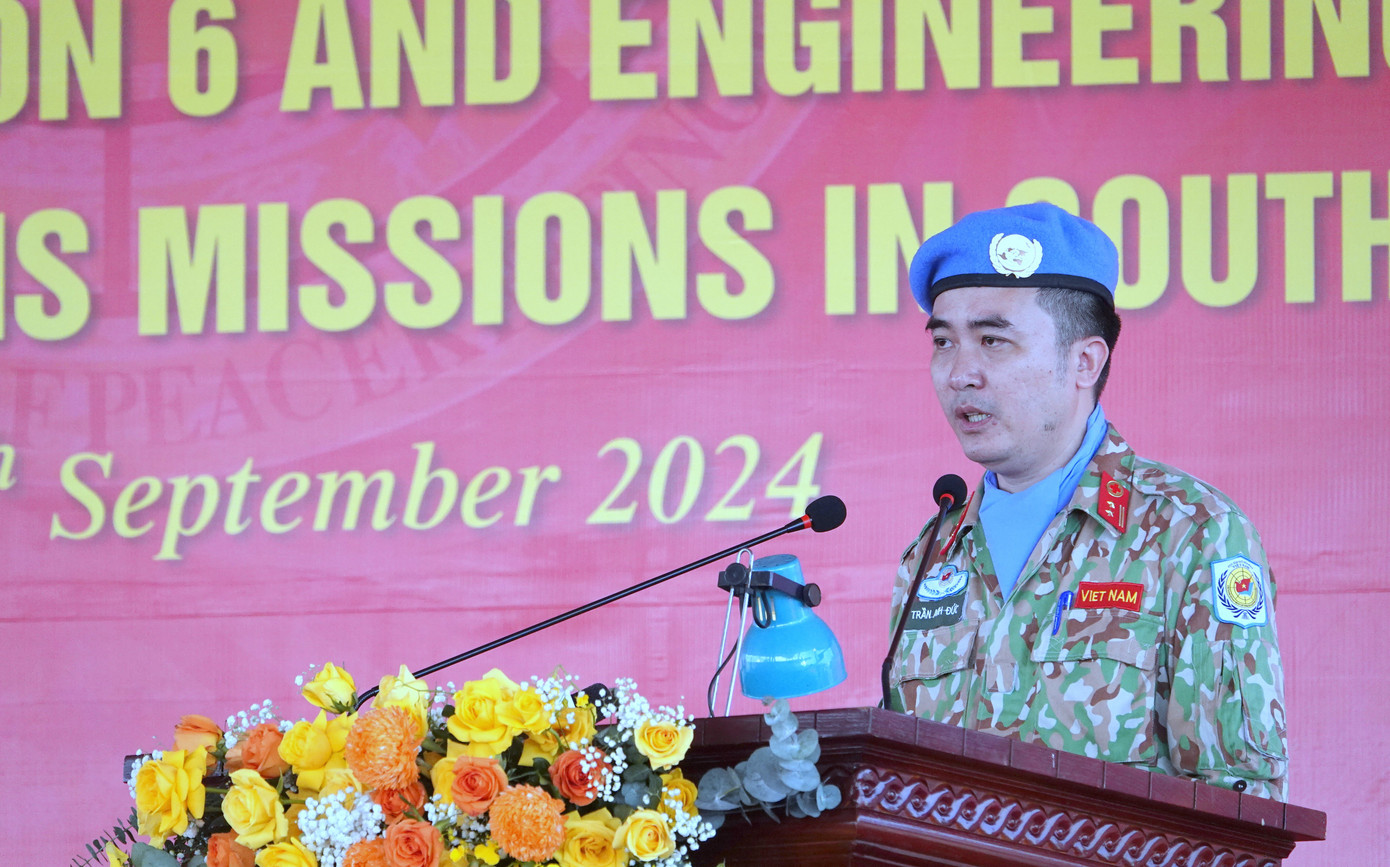 Trung tá Trần Anh Đức - Giám đốc BVDC 2.6 phát biểu tại lễ xuất quân.