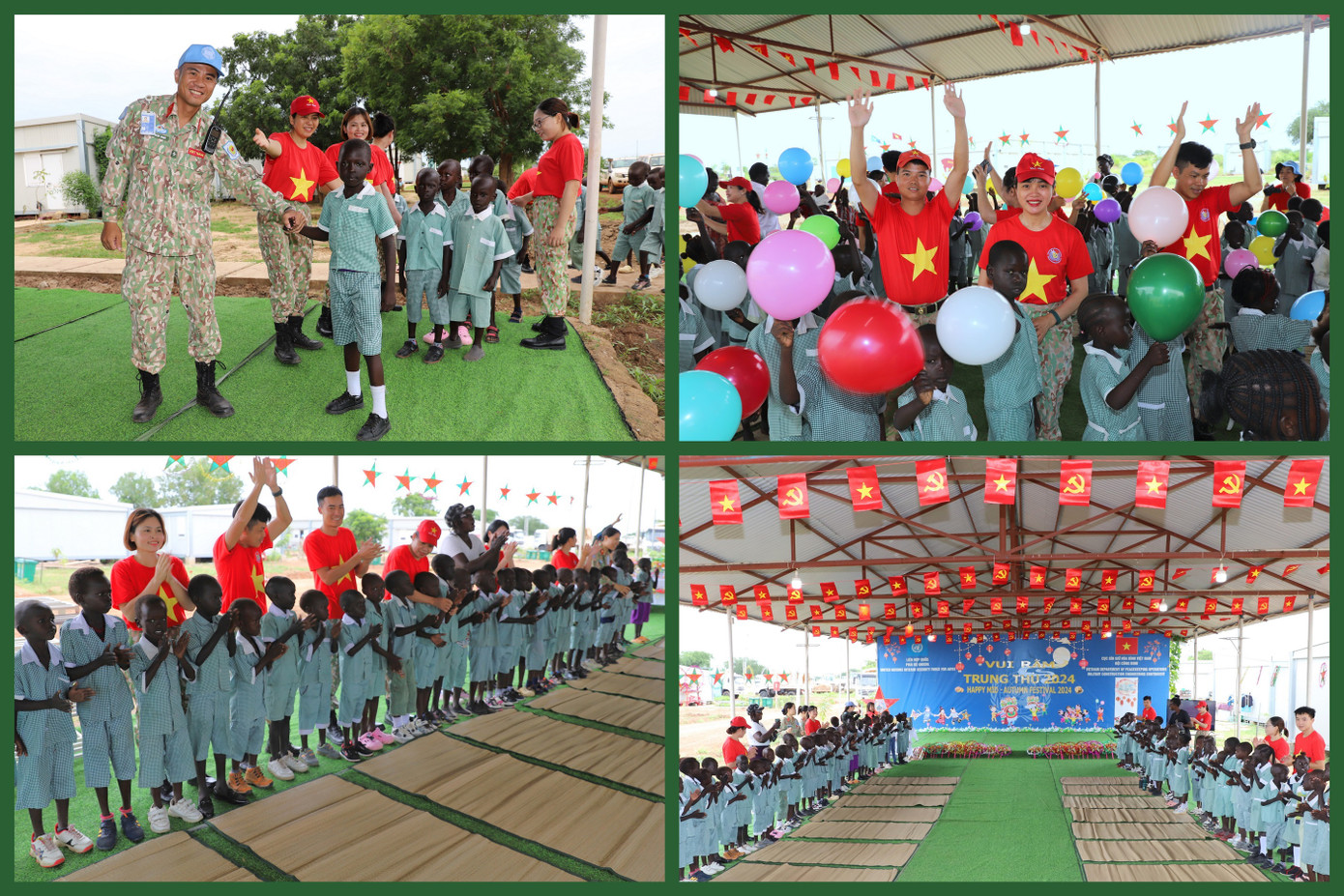 Cán bộ, nhân viên Đội Công binh số 2 đón các em nhỏ ở khu vực Abyei tới căn cứ Highway tham dự chương trình "Vui rằm Trung thu 2024". Cán bộ, nhân viên Đội Công binh số 2 đón các em nhỏ ở khu vực Abyei tới căn cứ Highway tham dự chương trình "Vui rằm Trung thu 2024".
