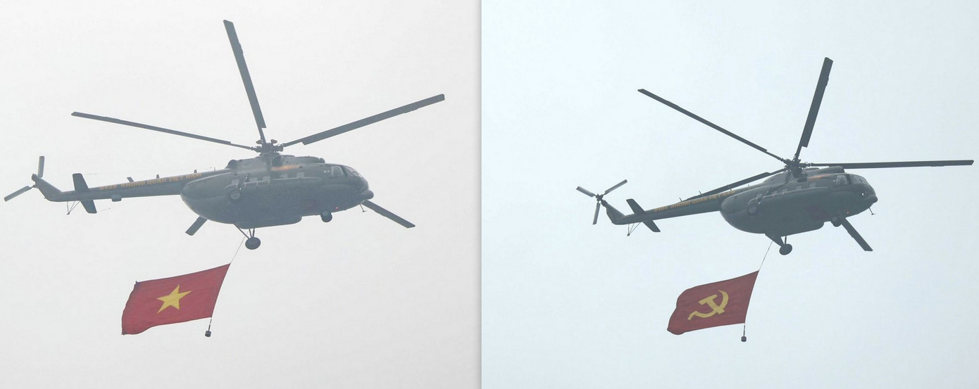 Trực thăng vũ trang thuộc 3 sư đoàn không quân của Quân chủng Phòng không - Không quân treo cờ Đảng và cờ Tổ quốc bay qua lễ đài trong buổi hợp luyện.