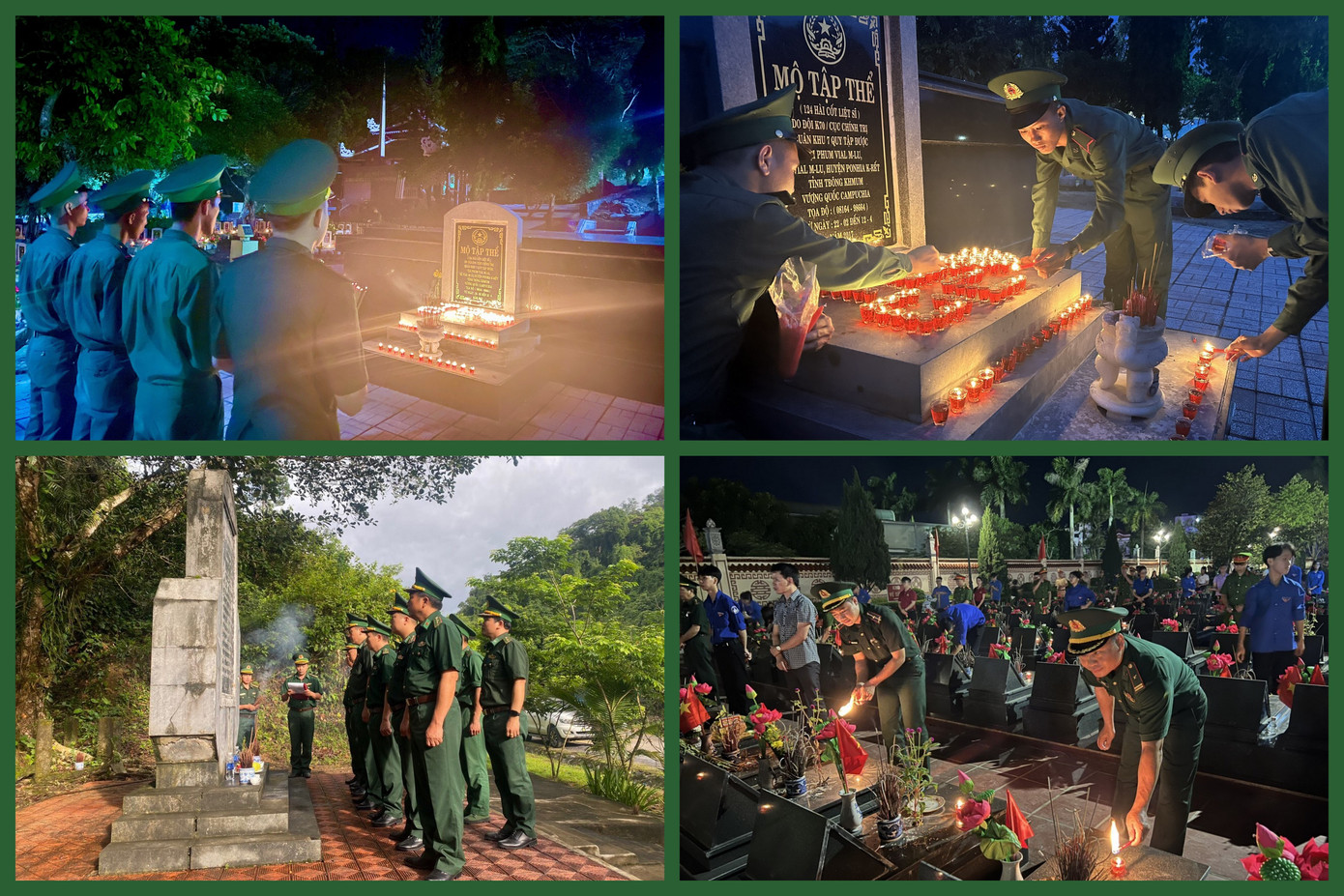 Cán bộ, đoàn viên thanh niên Bộ đội Biên phòng các tỉnh Tây Ninh, Quảng Bình và Thái Bình tham gia thắp nến tri ân các Anh hùng - Liệt sĩ, tối 26/7.
