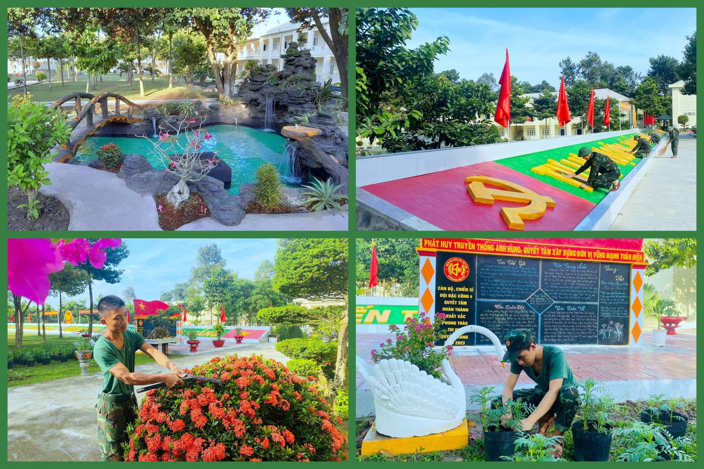 Cảnh quan doanh trại được bàn tay tài hoa của cán bộ, chiến sĩ Lữ đoàn Đặc công bộ 429 tạo dựng đẹp mắt và cuốn hút. Cảnh quan doanh trại được bàn tay tài hoa của cán bộ, chiến sĩ Lữ đoàn Đặc công bộ 429 tạo dựng đẹp mắt và cuốn hút.
