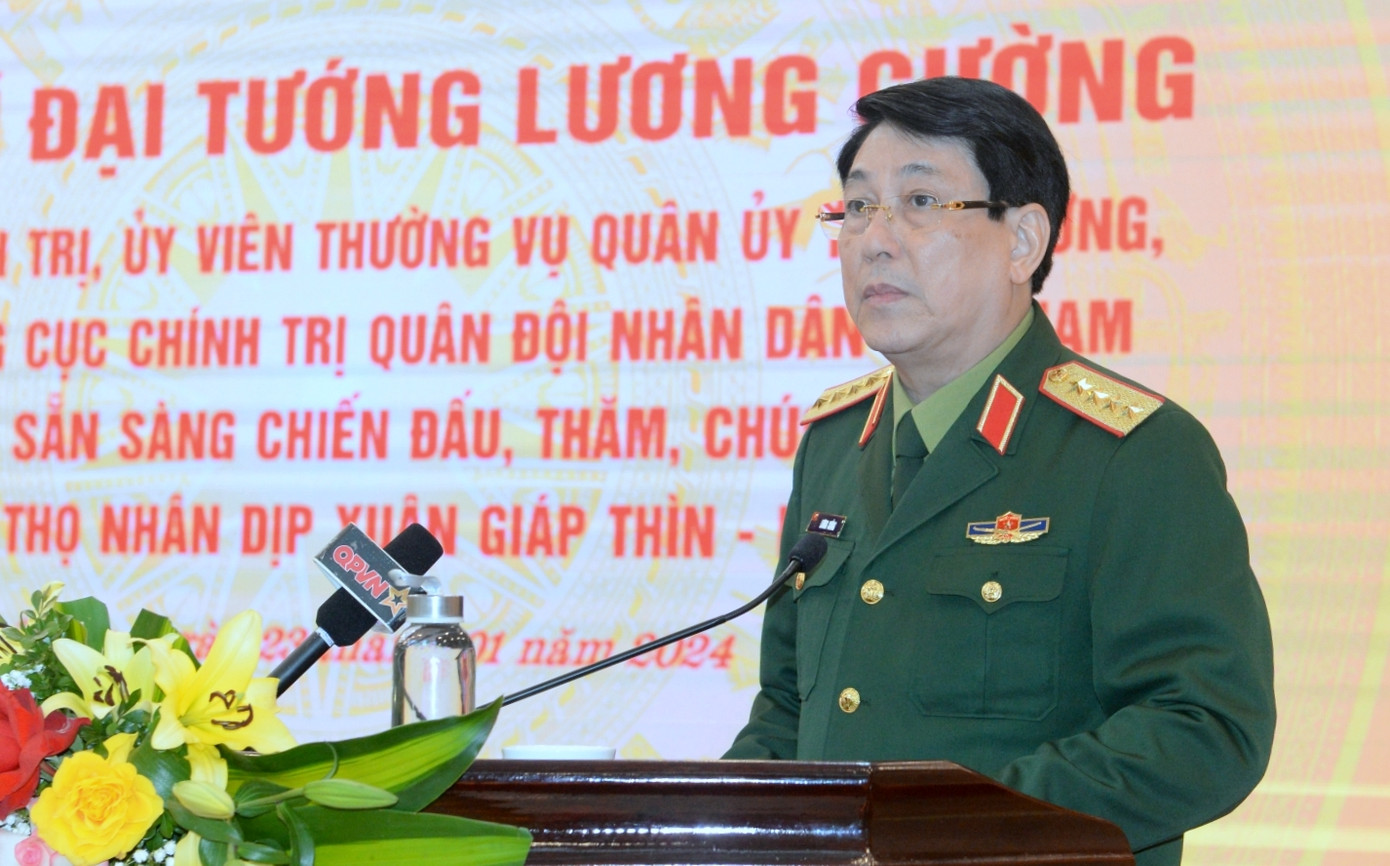 Đại tướng Lương Cường phát biểu chúc Tết Đảng bộ, chính quyền và nhân dân tỉnh Phú Thọ, sáng 23/1.