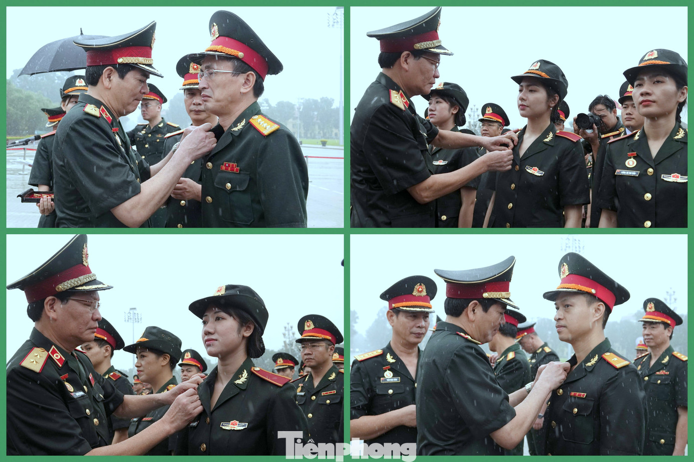 Trung tướng, PGS.TS Nguyễn Xuân Kiên - Giám đốc Học viện Quân y và Thiếu tướng, PGS.TS Nghiêm Đức Thuận - Chính ủy Học viện Quân y, gắn Huy hiệu Bác Hồ tặng các điển hình tiên tiến về dự Lễ báo công, sáng 22/9.