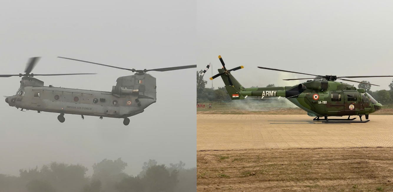Trực thăng Chinook CH-47 (trái) và HAL Dhruv của Không quân Lục quân Ấn Độ tham gia VINBAX 2024.