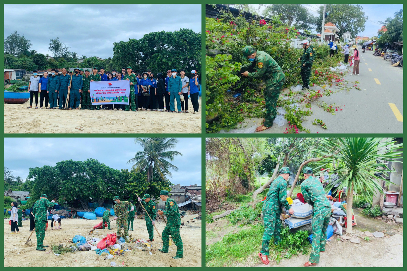 Đoàn viên thanh niên lực lượng Biên phòng Bình Định thu gom rác thải, làm đẹp cảnh quan môi trường trong Ngày Chủ nhật xanh.