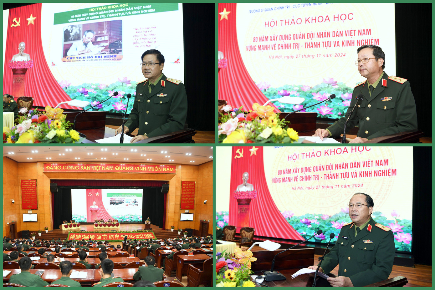 Lãnh đạo Trường Sĩ quan Chính trị, Cục Tuyên huấn và Báo QĐND phát biểu tại hội thảo. Lãnh đạo Trường Sĩ quan Chính trị, Cục Tuyên huấn và Báo QĐND phát biểu tại hội thảo.