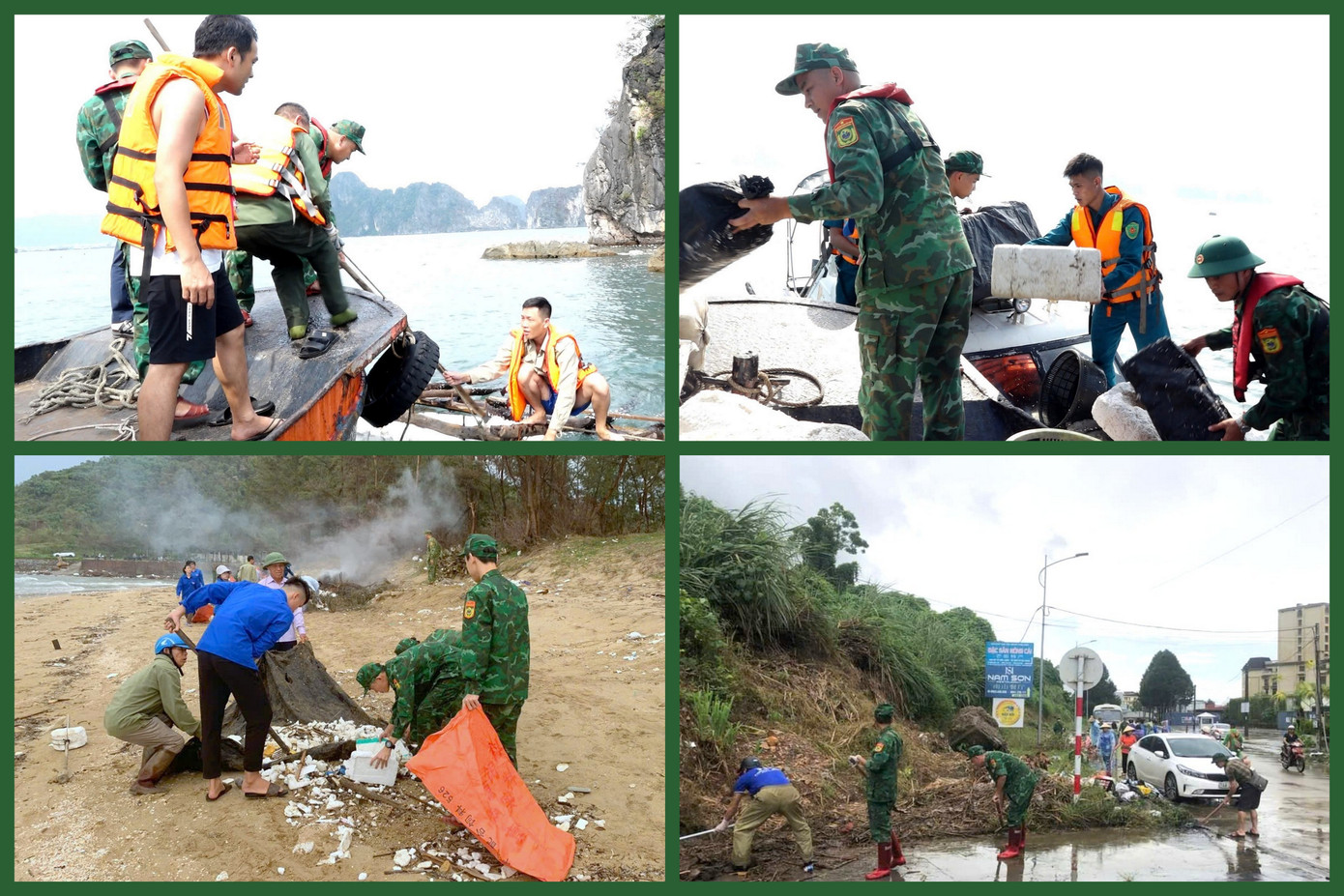 Đoàn viên thanh niên Bộ đội Biên phòng Quảng Ninh và các lực lượng dọn dẹp rác thải trên biển, bờ biển và chỉnh trang đường phố trong Ngày Chủ nhật xanh.