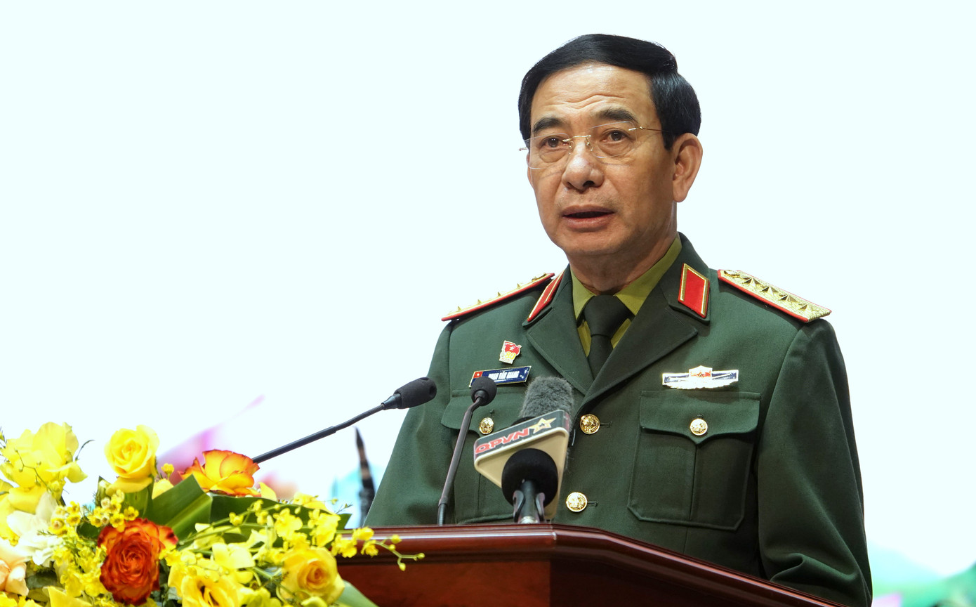 Đại tướng Phan Văn Giang - Ủy viên Bộ Chính trị, Phó Bí thư Quân ủy Trung ương, Bộ trưởng Bộ Quốc phòng, phát biểu tại chương trình.