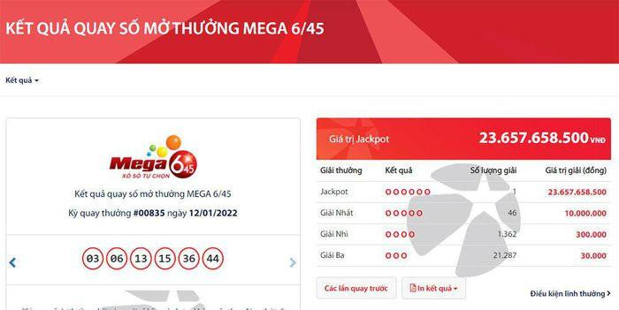 Kết quả quay số mở thưởng lần thứ 835 của sản phẩm Mega 6/45.