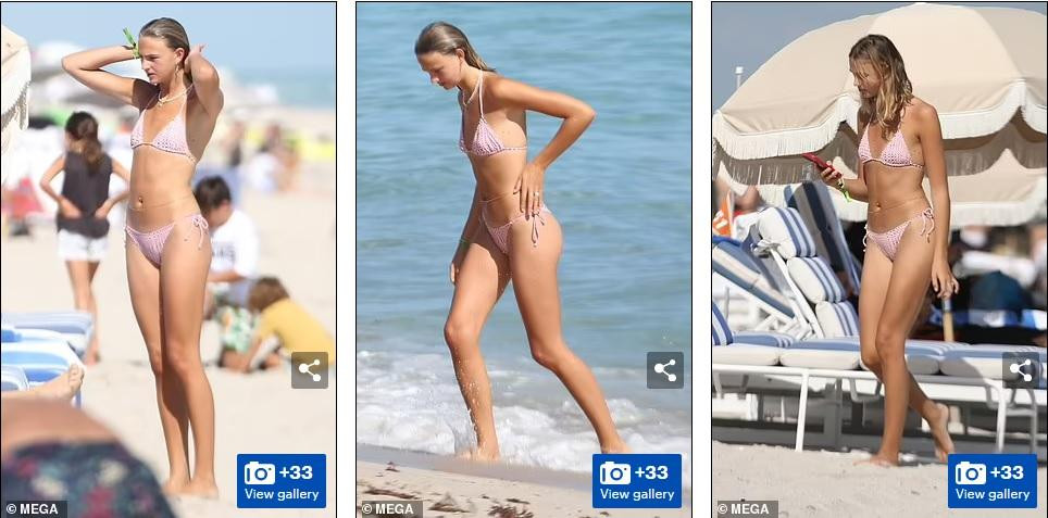 Mia diện bikini buộc dây màu hồng bé xíu khoe thân hình mảnh mai với chiều cao "khủng" 1m78.