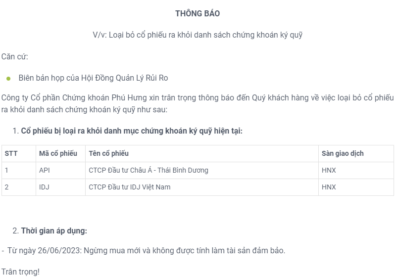 Công ty chứng khoán thông báo cắt margin với cổ phiếu nhóm