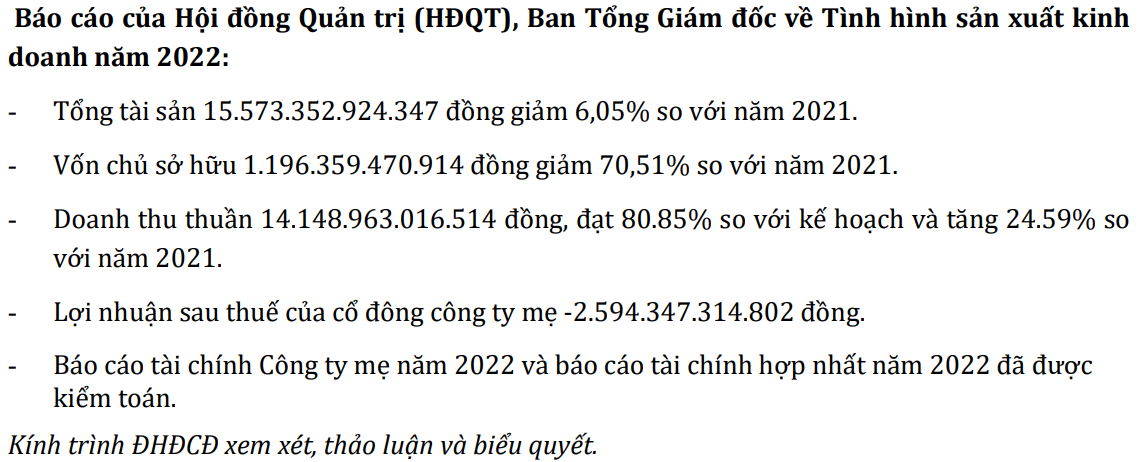 Tờ trình của HBC cho biết, doanh nghiệp đã có báo cáo tài chính hợp nhất năm 2022 đã được kiểm toán. Tờ trình của HBC cho biết, doanh nghiệp đã có báo cáo tài chính hợp nhất năm 2022 đã được kiểm toán.