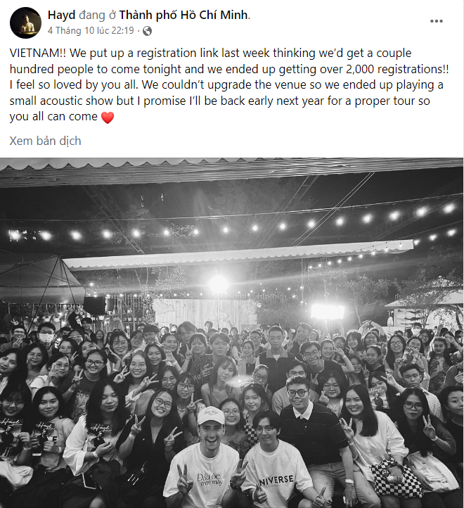 Trên trang cá nhân, Hayd chia sẻ: "Việt Nam là nơi biểu diễn tuyệt vời nhất. Mình sẽ trở lại vào năm sau, chắc chắn". Trên trang cá nhân, Hayd chia sẻ: "Việt Nam là nơi biểu diễn tuyệt vời nhất. Mình sẽ trở lại vào năm sau, chắc chắn".