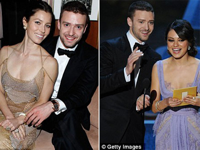 Chàng ca sĩ đào hoa Justin Timberlake bên bạn gái cũ (trái) và nữ diễn viên Mila Kunis (ảnh phải)